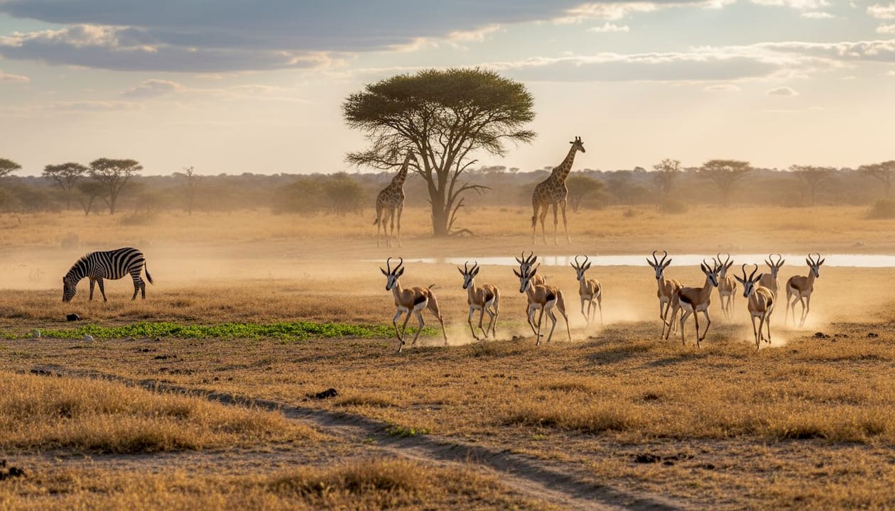 Springbok herd migrating across Etosha savannah