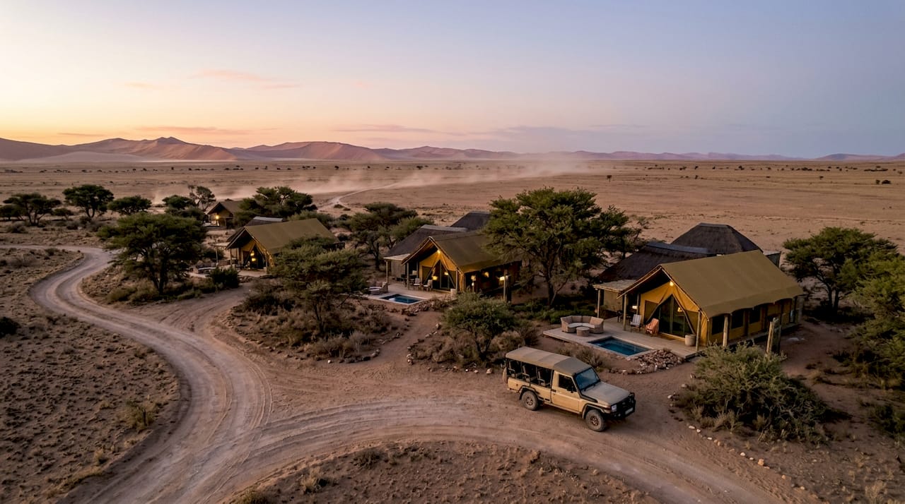 Safari vehicle near luxury tents in Namibian reserve at dusk
