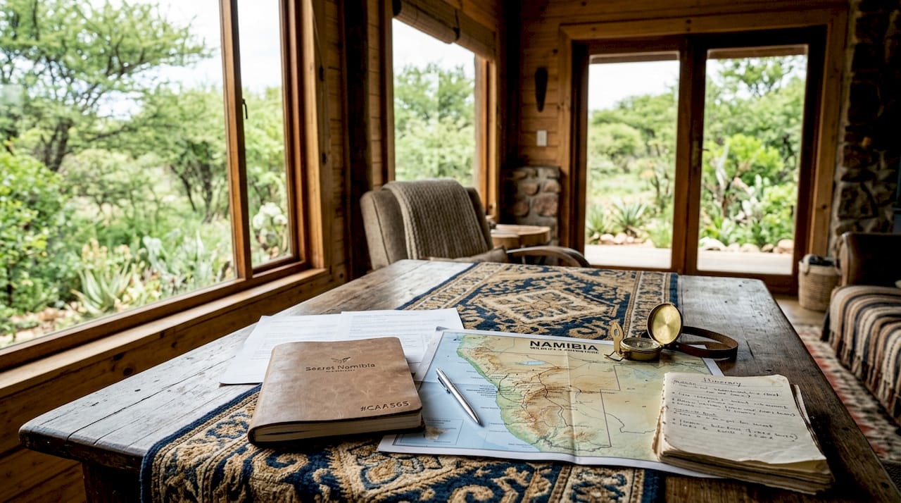 Safari itinerary documents on wood desk