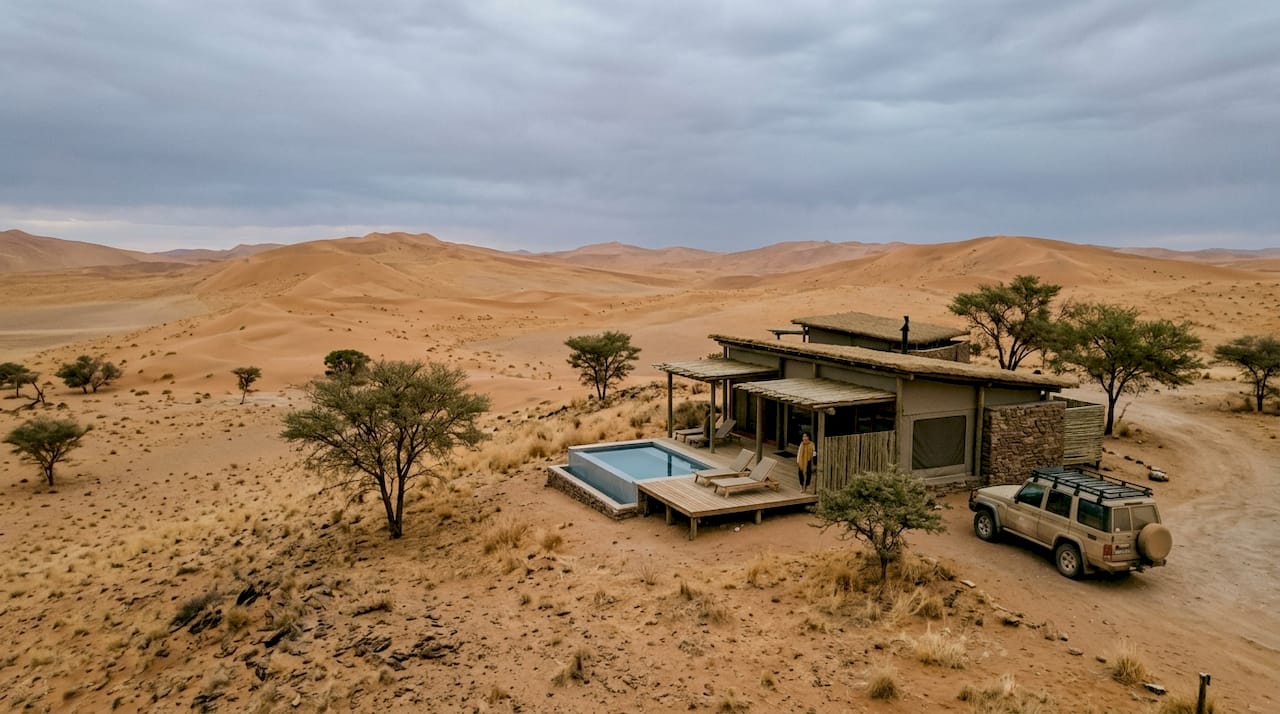 Desert dunes and luxury safari camp at dusk