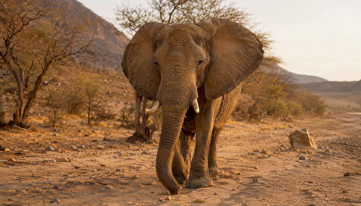 Desert-adapted elephant walking dry riverbed