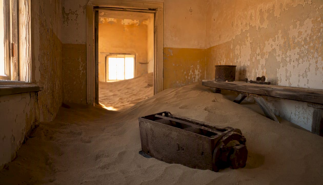 Desert sand fills room in Kolmanskop ghost town at sunrise