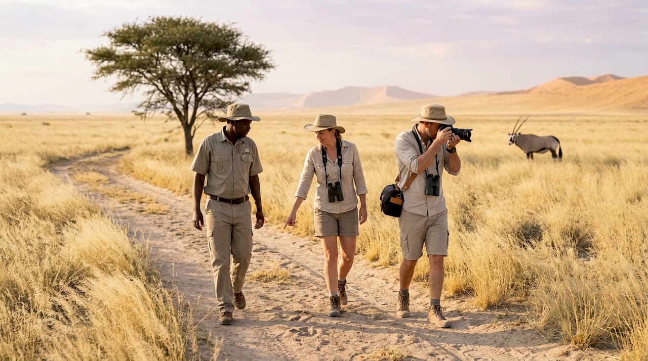 Safari guide leading guests on foot in Namibia grassland