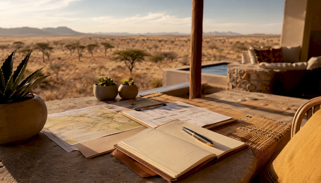 Safari booking documents and map on wooden desk