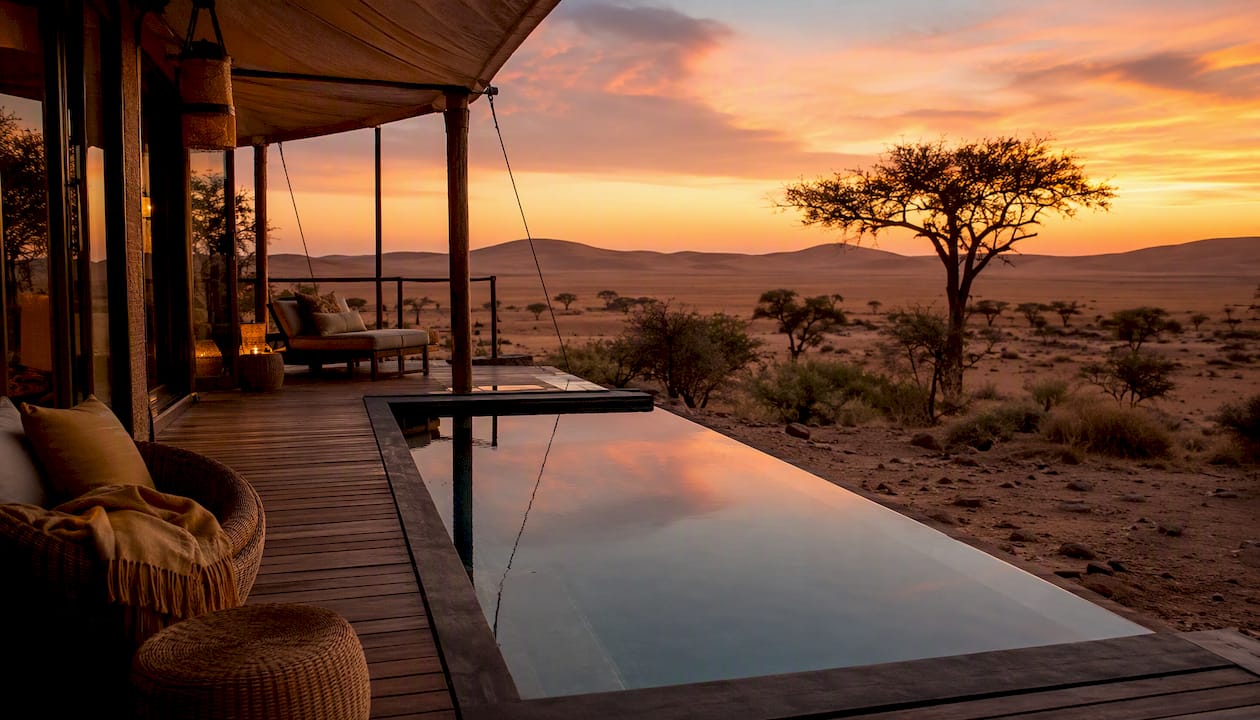 Plunge pool at luxury desert lodge suite at sunset