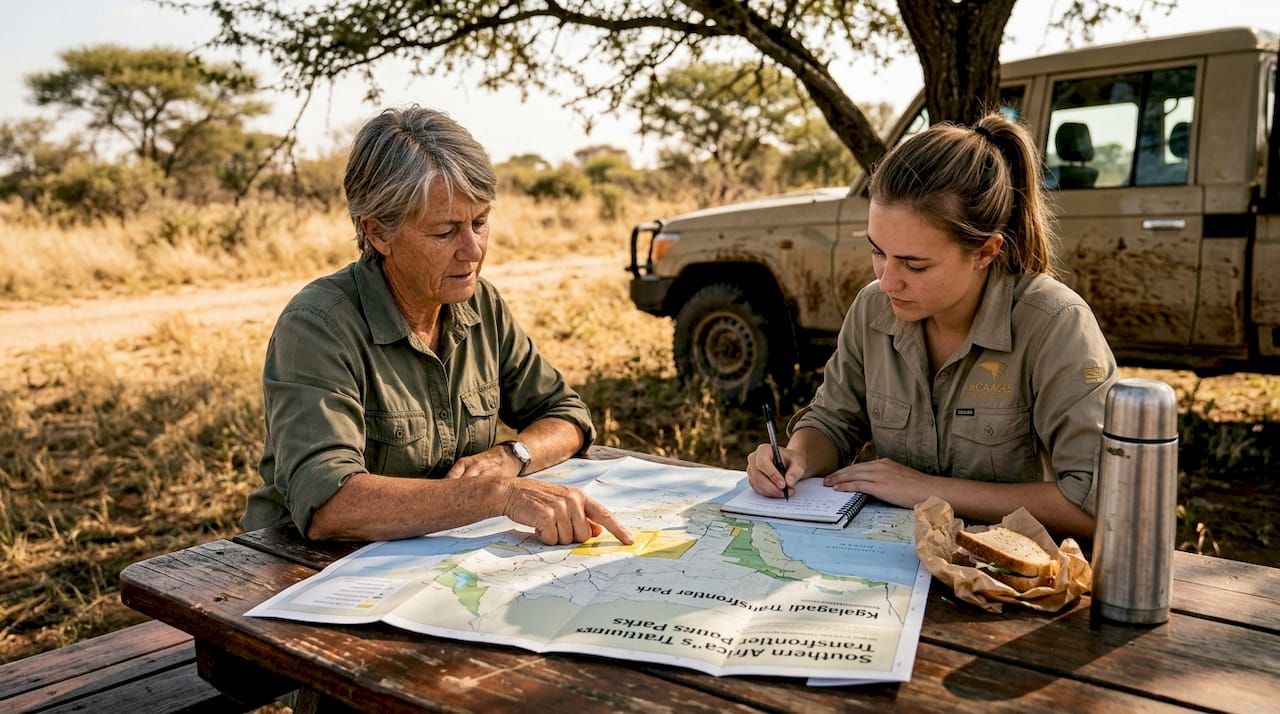 Conservationists planning with map outdoors