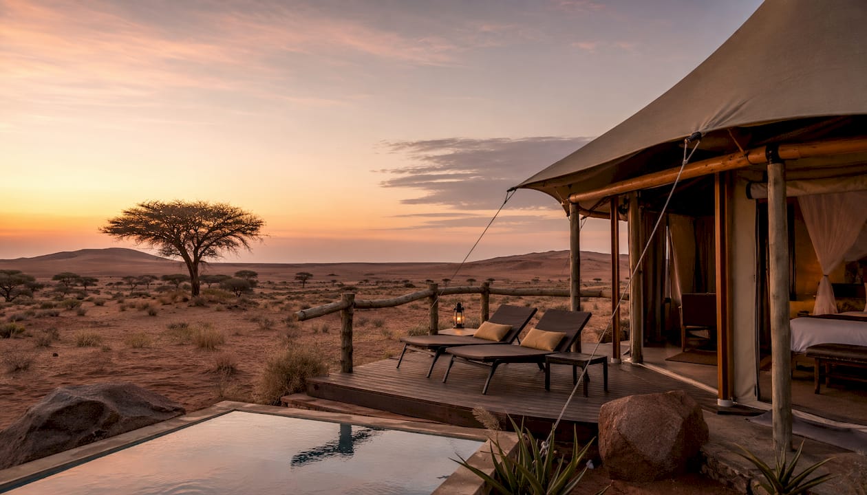 Luxury safari lodge in desert dusk scenery.