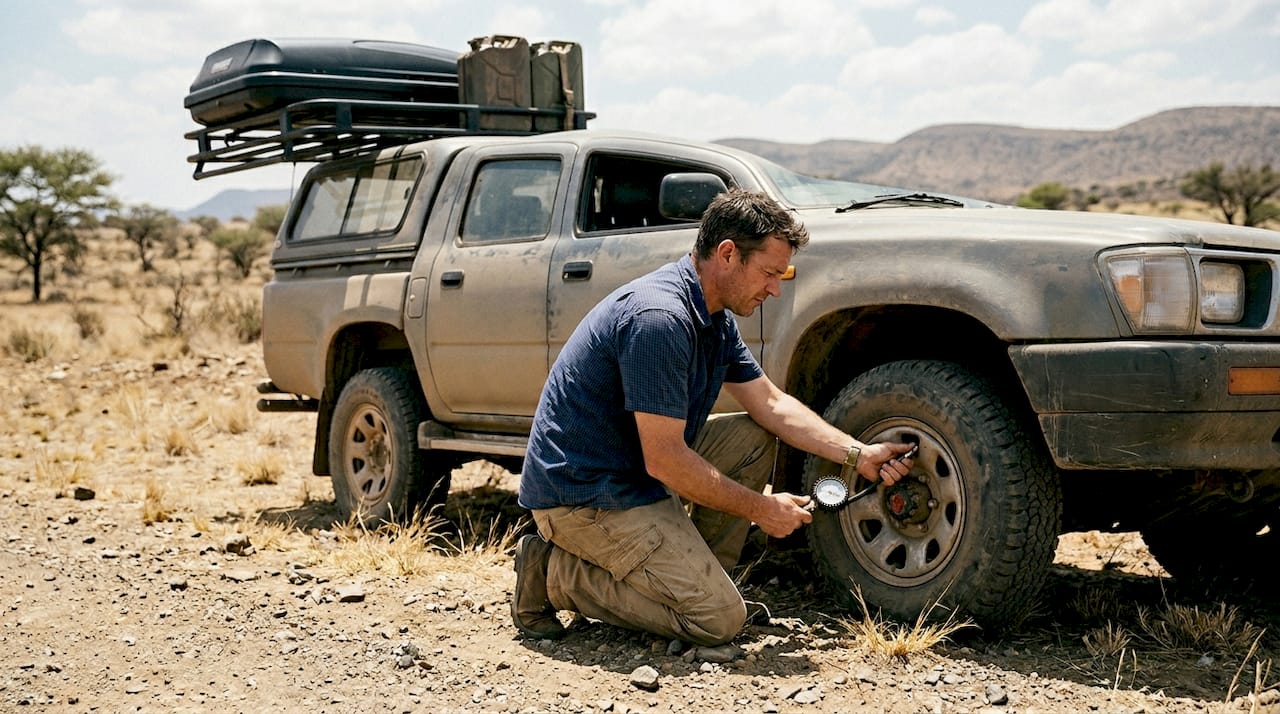 Man checks tyre pressure on dusty 4x4