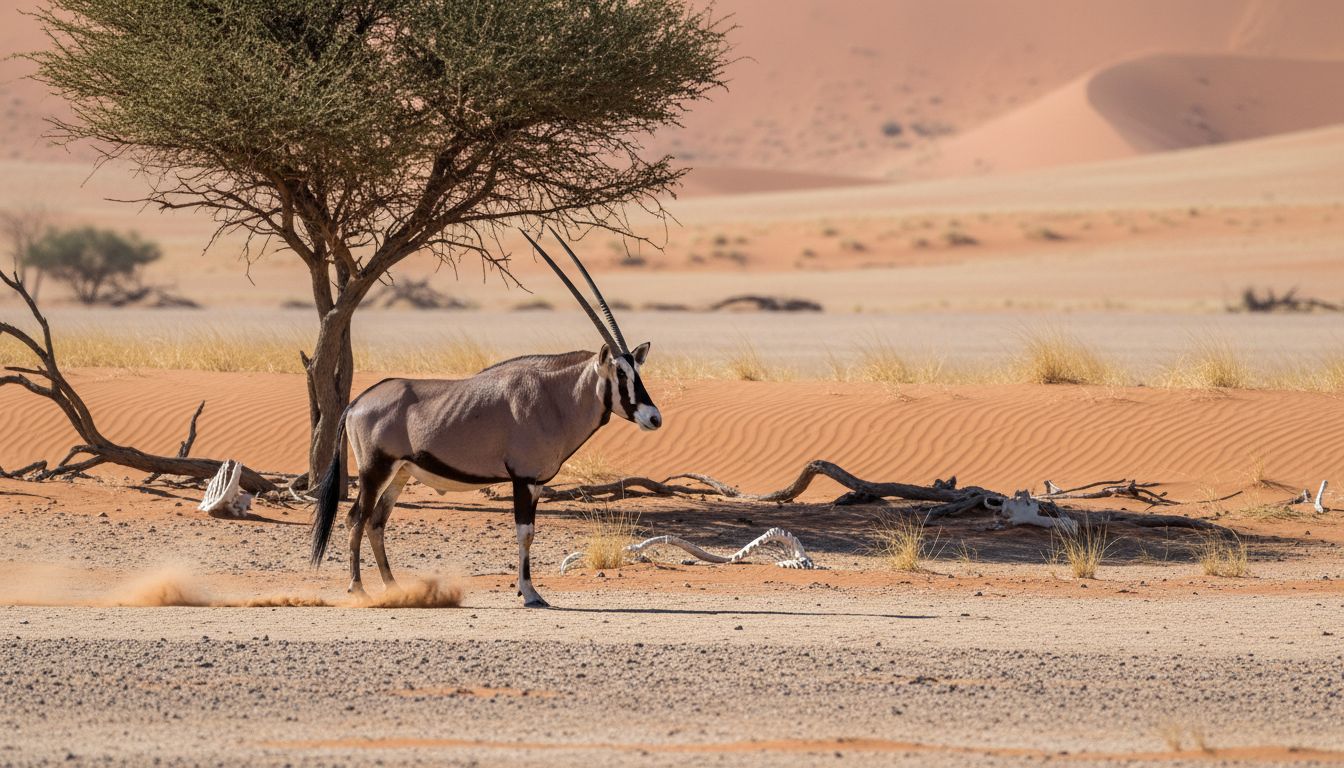 Oryx in red Namib desert dunes