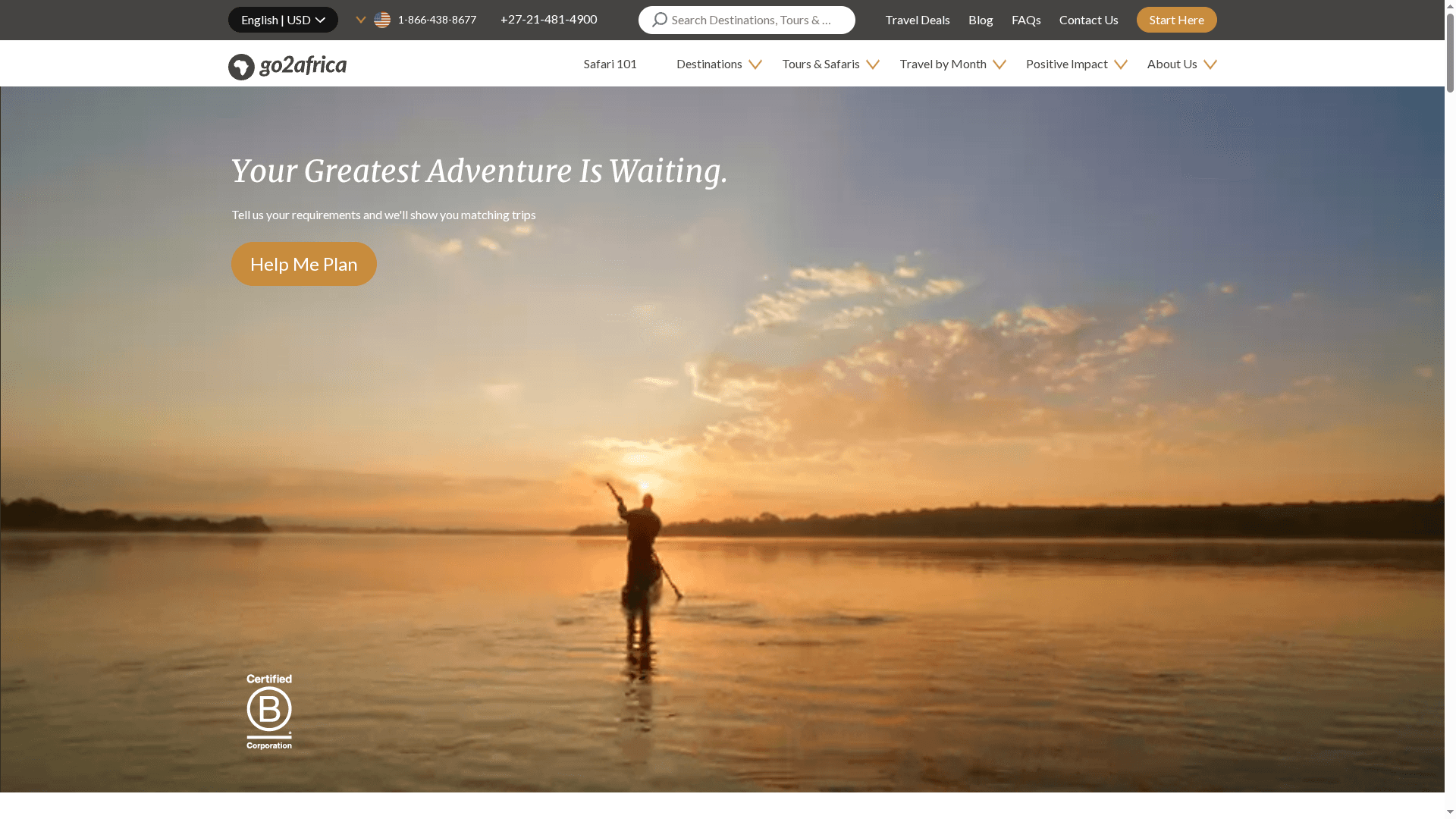 Go2Africa website hero showing a canoeist on a river at sunset with the headline Your Greatest Adventure Is Waiting