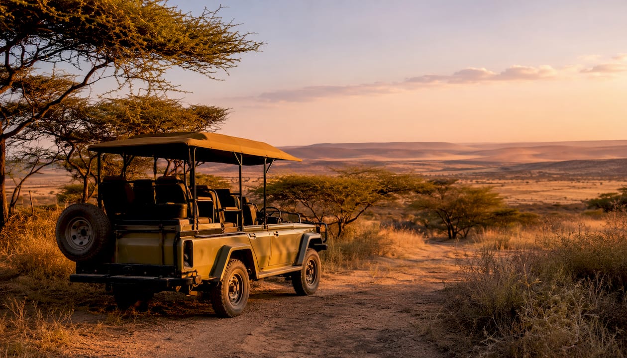 Safari vehicle amidst acacia trees and desert plains in Namibia