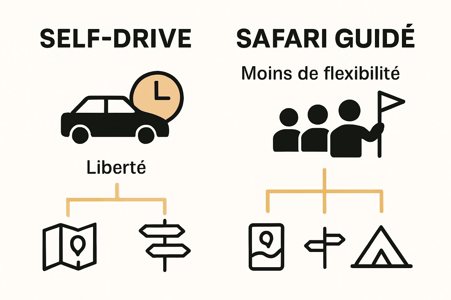 Comparaison visuelle clé entre self-drive et safari guidé en Namibie