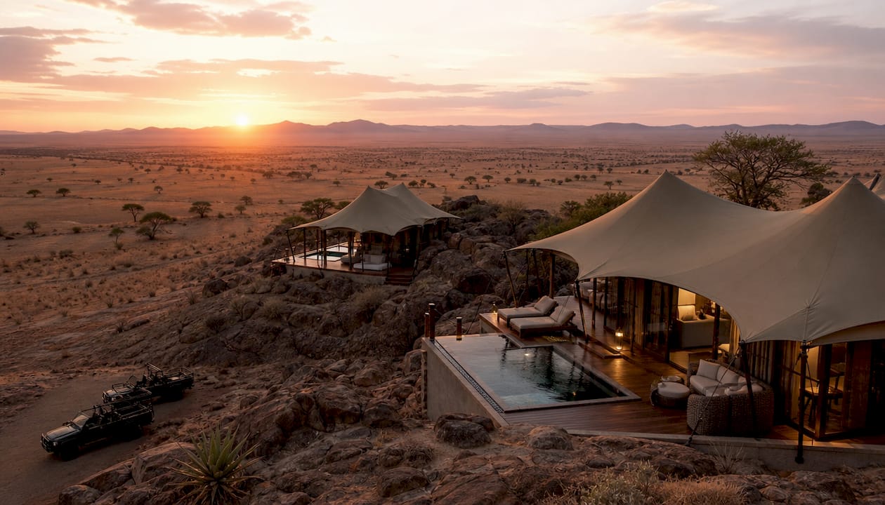 Luxury tented safari lodge with pools at dusk
