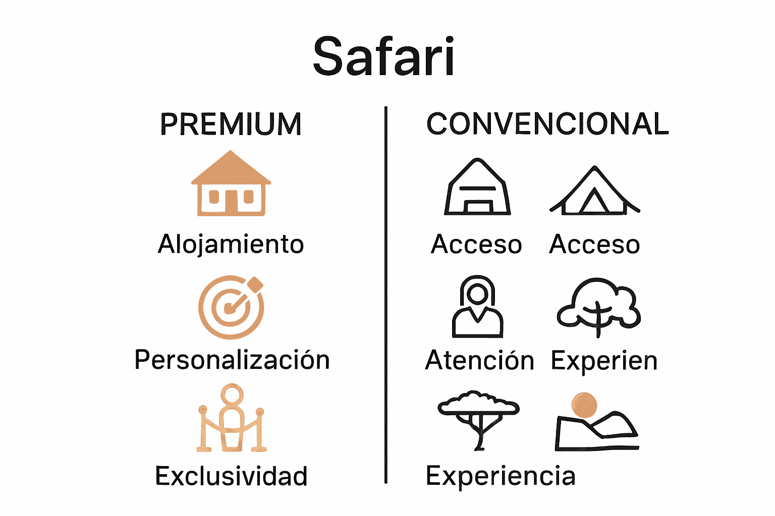 Comparación visual entre safari premium y safari convencional con iconos ilustrativos