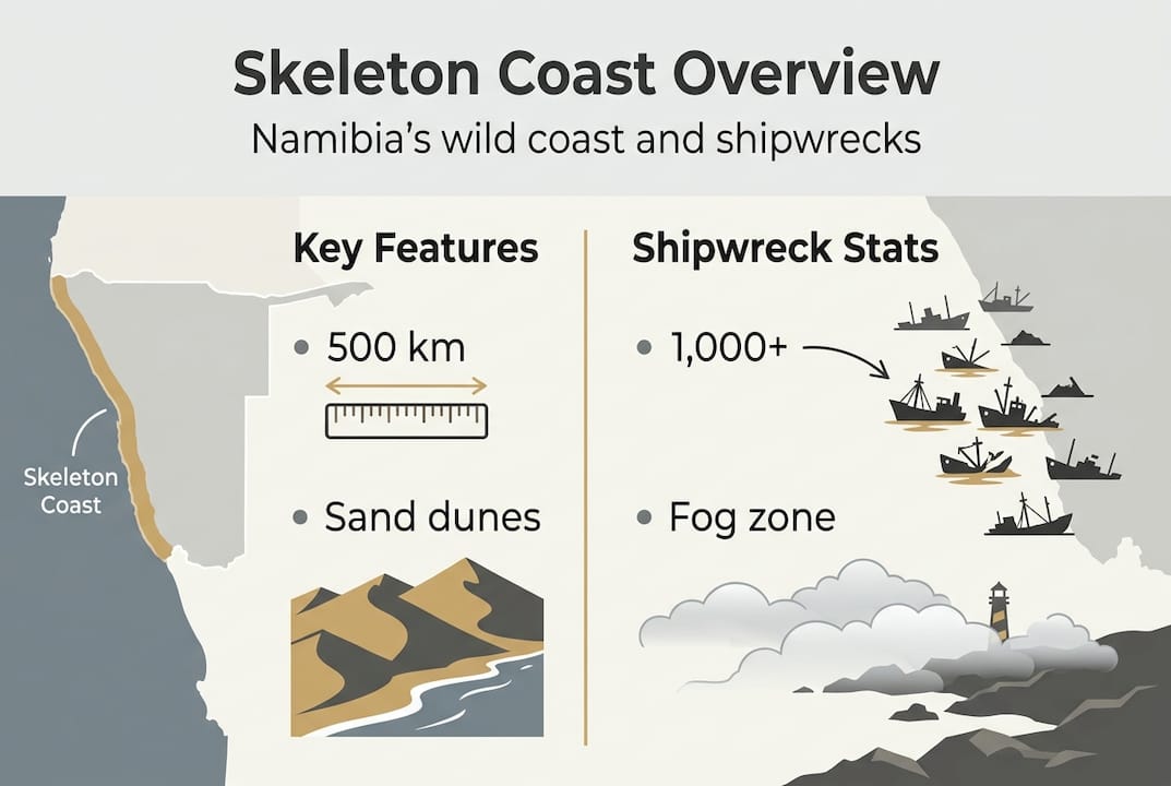 Infographic of Skeleton Coast features and shipwrecks