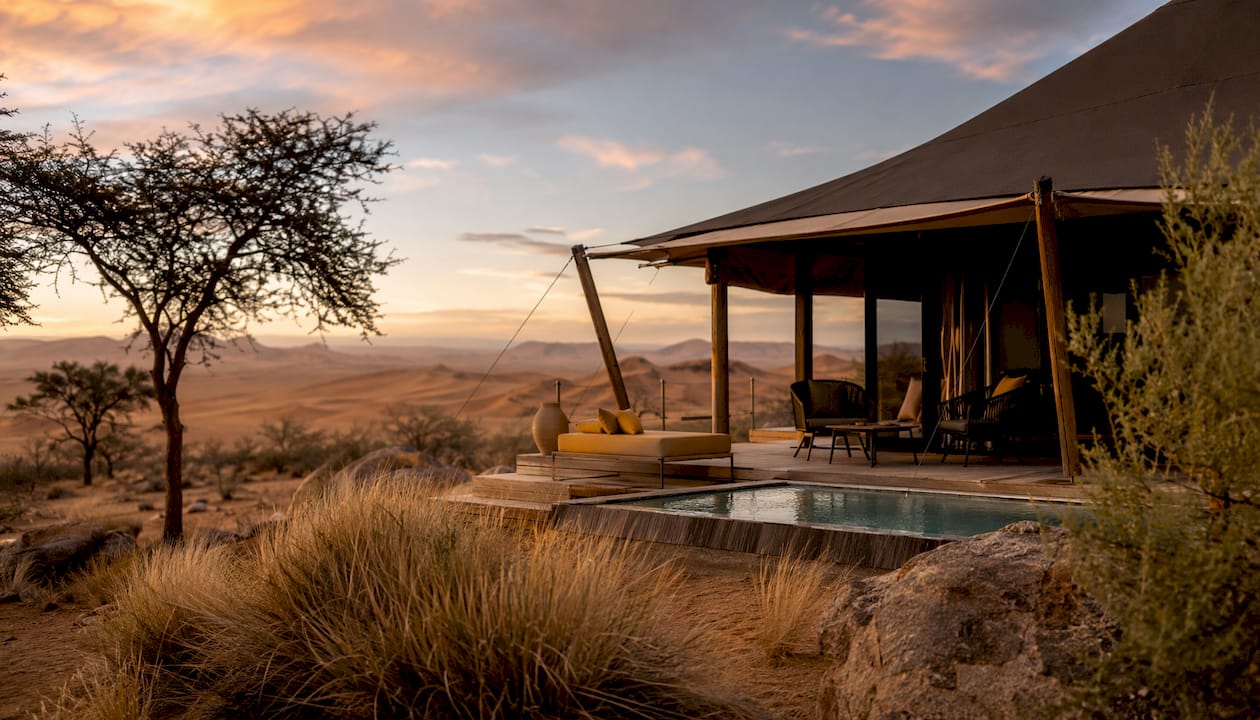 Luxury safari tent in Namibian desert conservation area