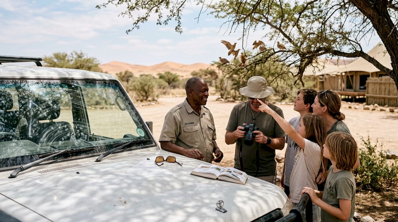 Guide introducing family to Namibian safari