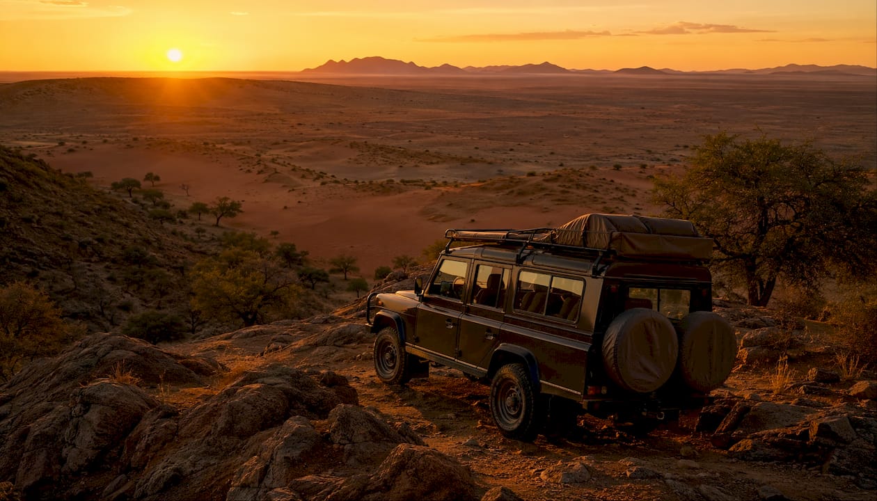 Luxury safari vehicle parked by desert dune