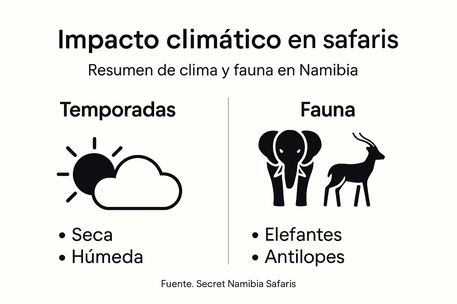 Guía visual sobre el clima y la vida salvaje en los safaris de Namibia