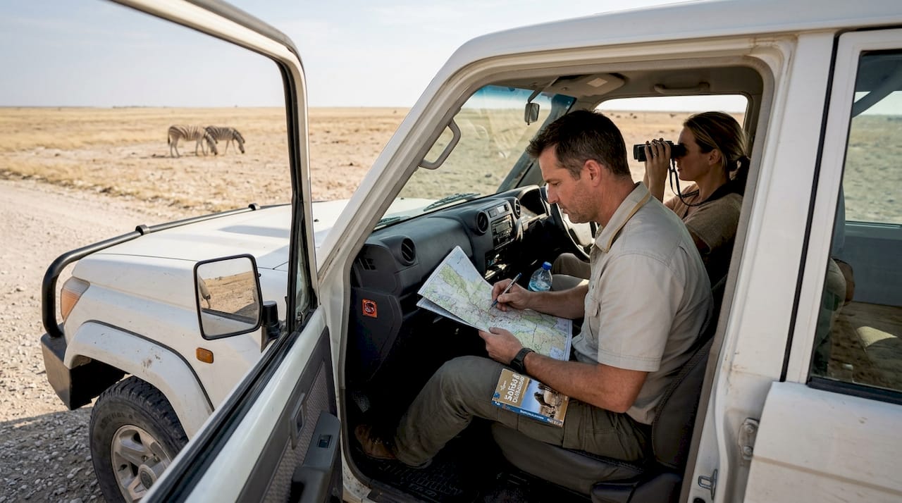 Couple planning drive on Namibian safari landscape