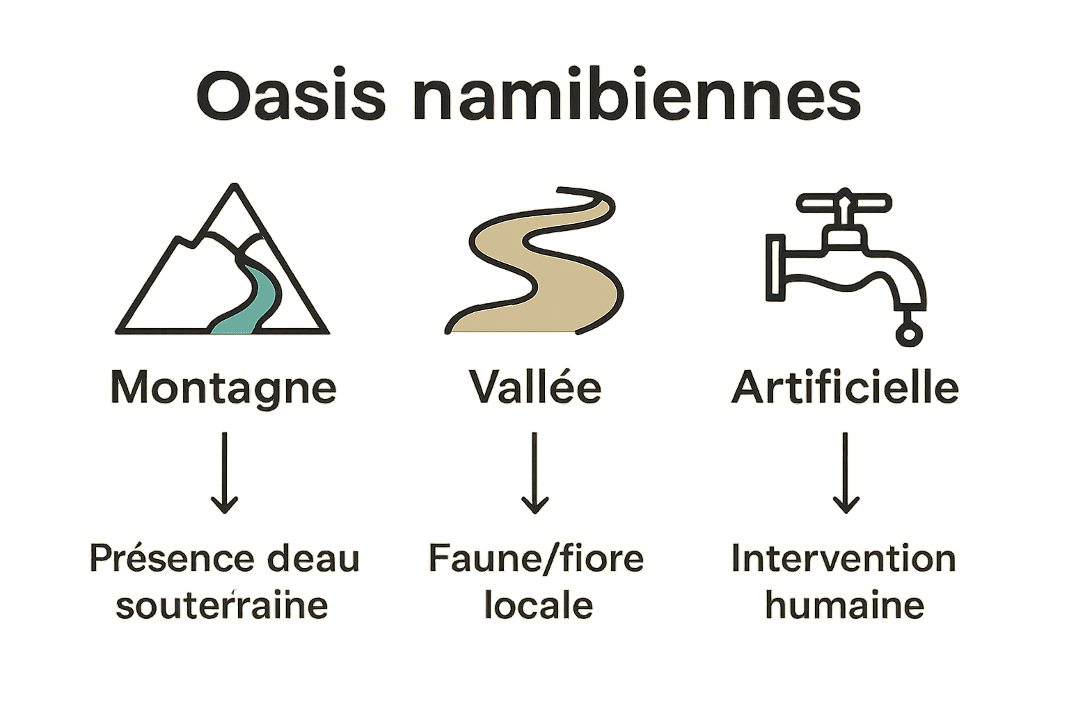 Infographie comparative des trois types majeurs d’oasis en Namibie.