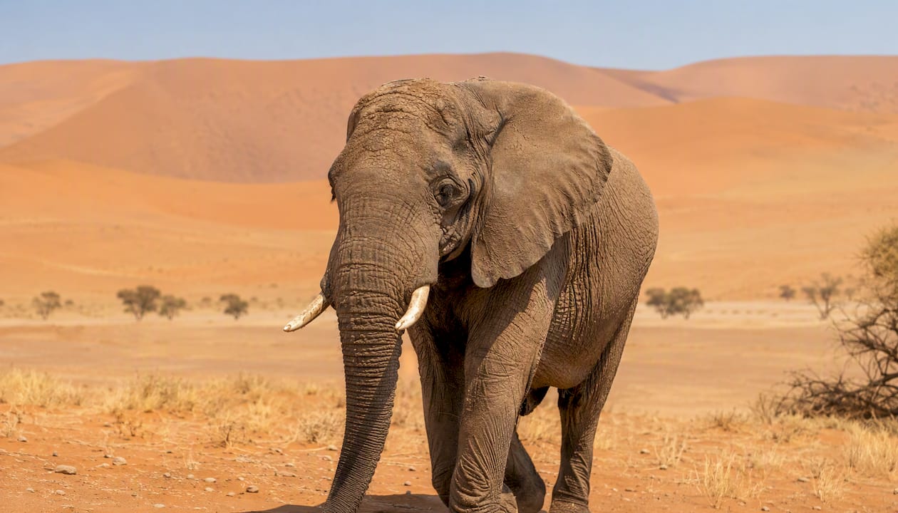 Desert-adapted elephant walking near sand dunes