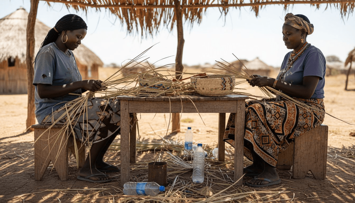 Artesanos namibios trabajando al aire libre mientras tejen canastas con gran destreza.