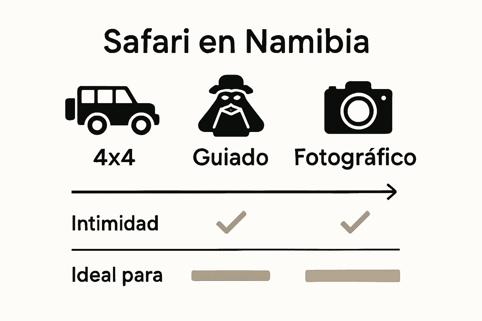 Comparación visual de tres tipos principales de safari en Namibia.