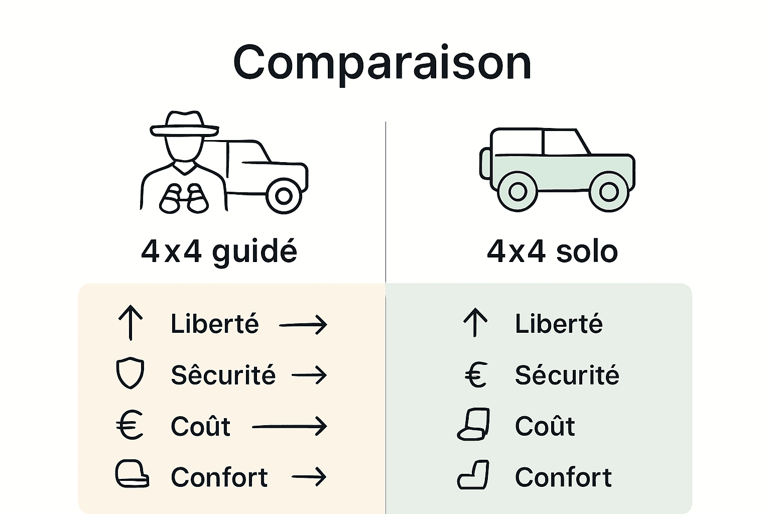 Comparatif visuel safari guidé vs autonome
