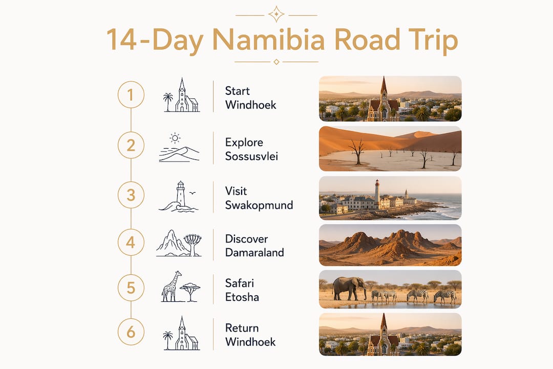 Infographic showing 14-day Namibia road trip itinerary steps