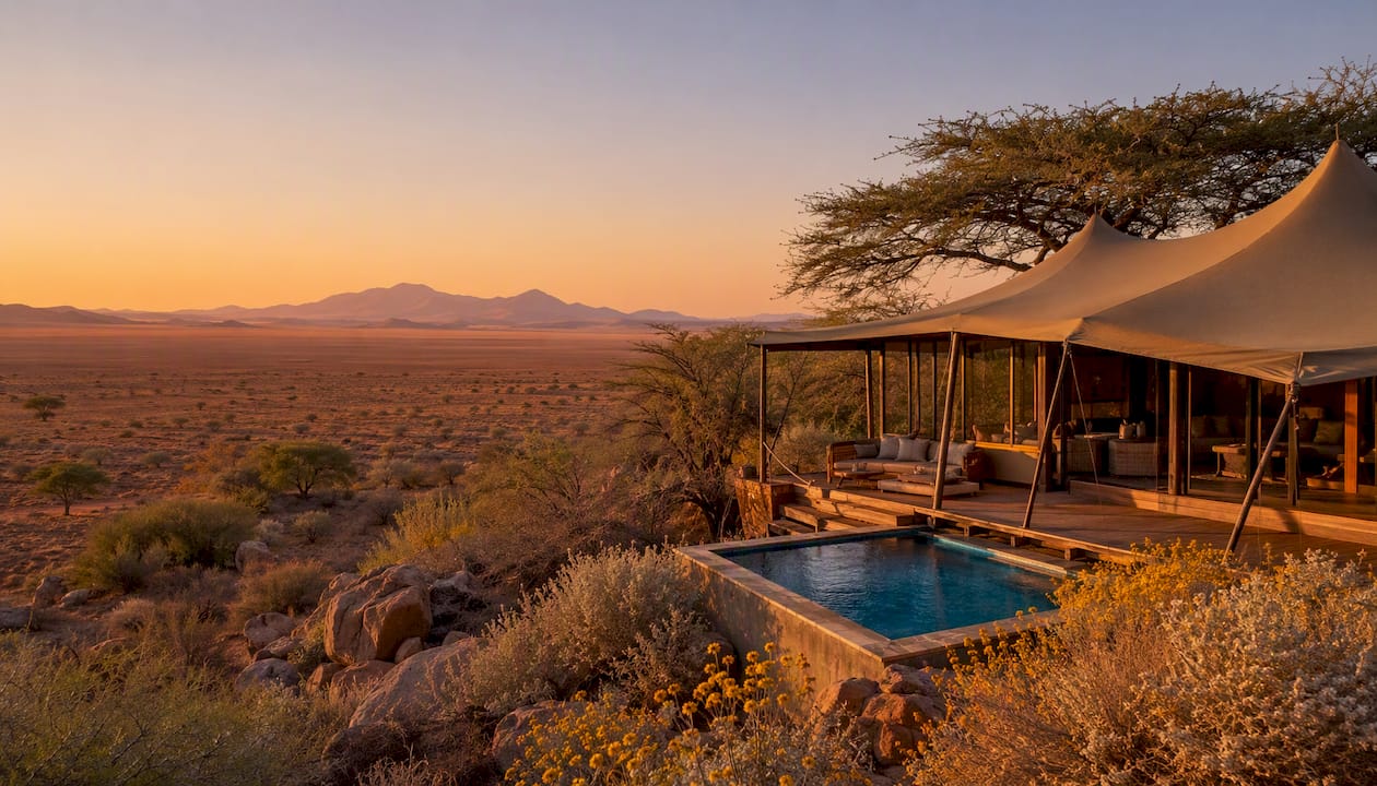 Sunrise over Namib desert dunes and luxury lodge