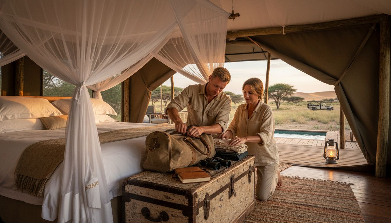 Guests unpack in luxury safari tent