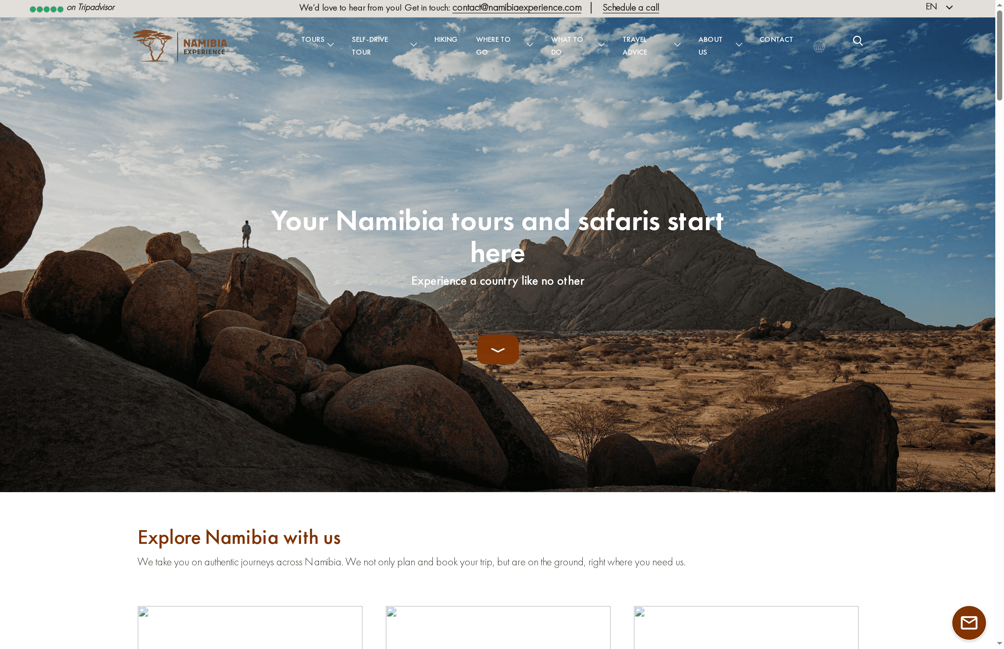 Namibia Experience website hero showing desert boulders and mountains with the headline Your Namibia tours and safaris start here