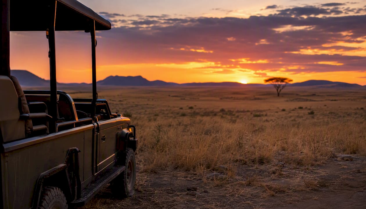 Safari vehicle near waterhole at sunset