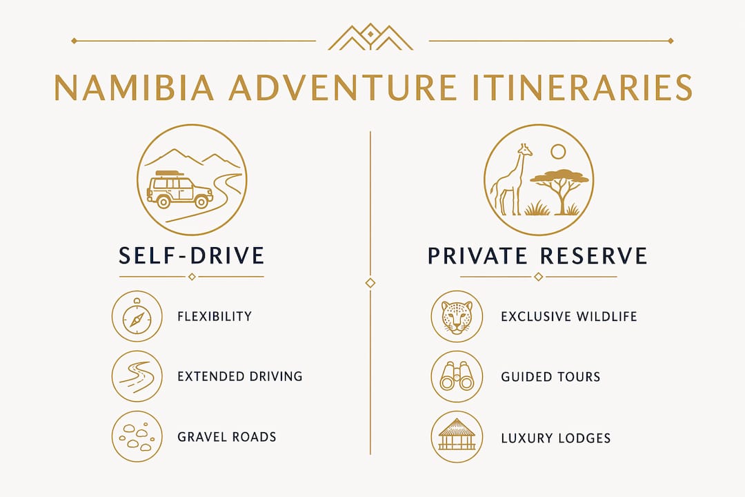Infographic comparing self-drive and private reserve itineraries in Namibia