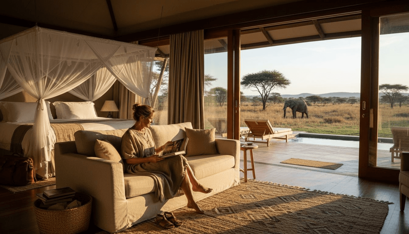 Un hôte profite d’un moment de détente dans une suite luxueuse au cœur d’un lodge safari.