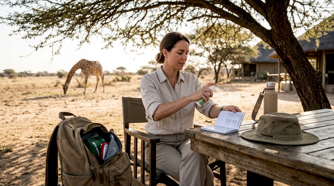 Traveler applies repellent near safari lodge