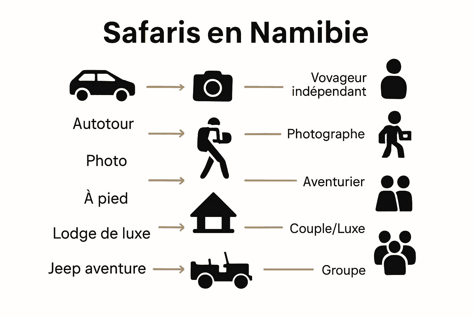Comparatif visuel des types de safaris en Namibie