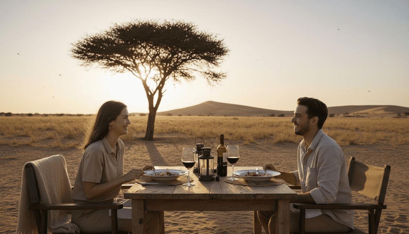 Una velada romántica en pareja bajo las estrellas, en pleno safari por Namibia.