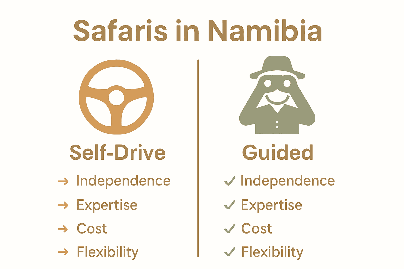 Infographic comparing self-drive and guided safaris in Namibia by independence, expertise, and flexibility.