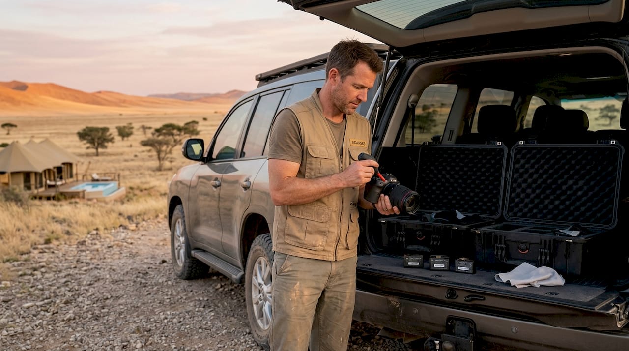 Photographer preparing camera gear beside safari vehicle