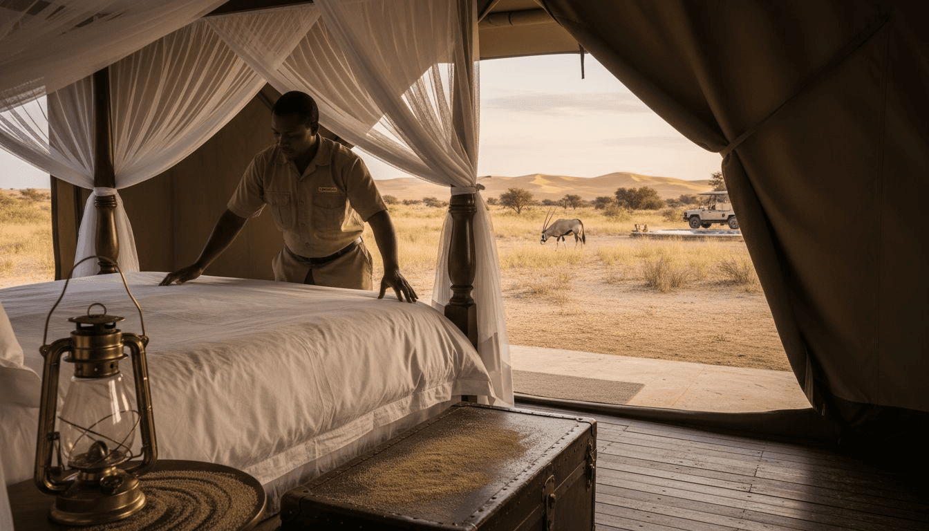 Tented safari camp interior with staff preparing bed