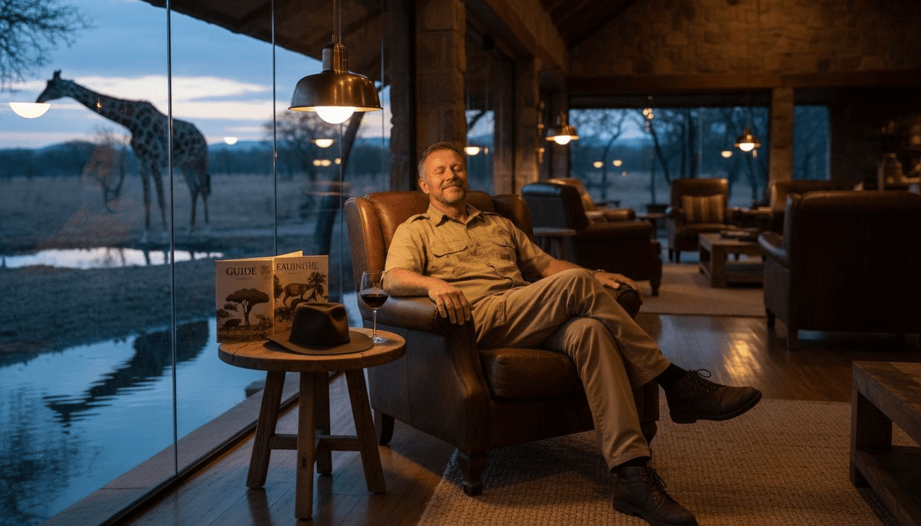 Un invité profite d’un moment de détente dans le salon raffiné d’un lodge de luxe à Etosha.