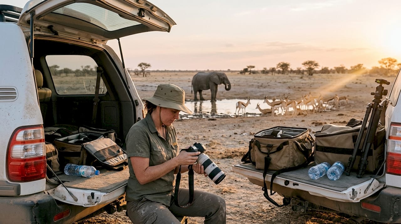 Wildlife photographer at Namibia watering hole
