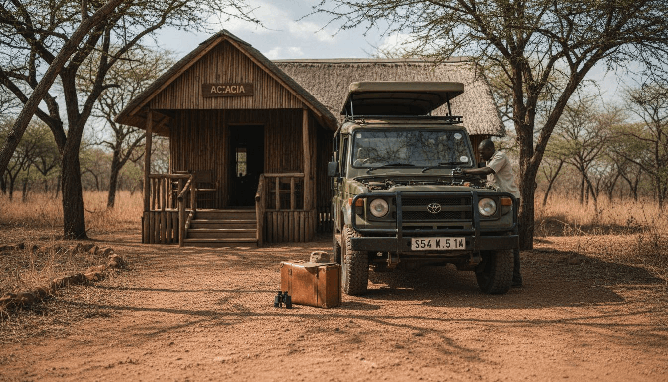 Un garde veille à l’entrée d’un lodge safari typique, quelque part au cœur de l’Afrique.