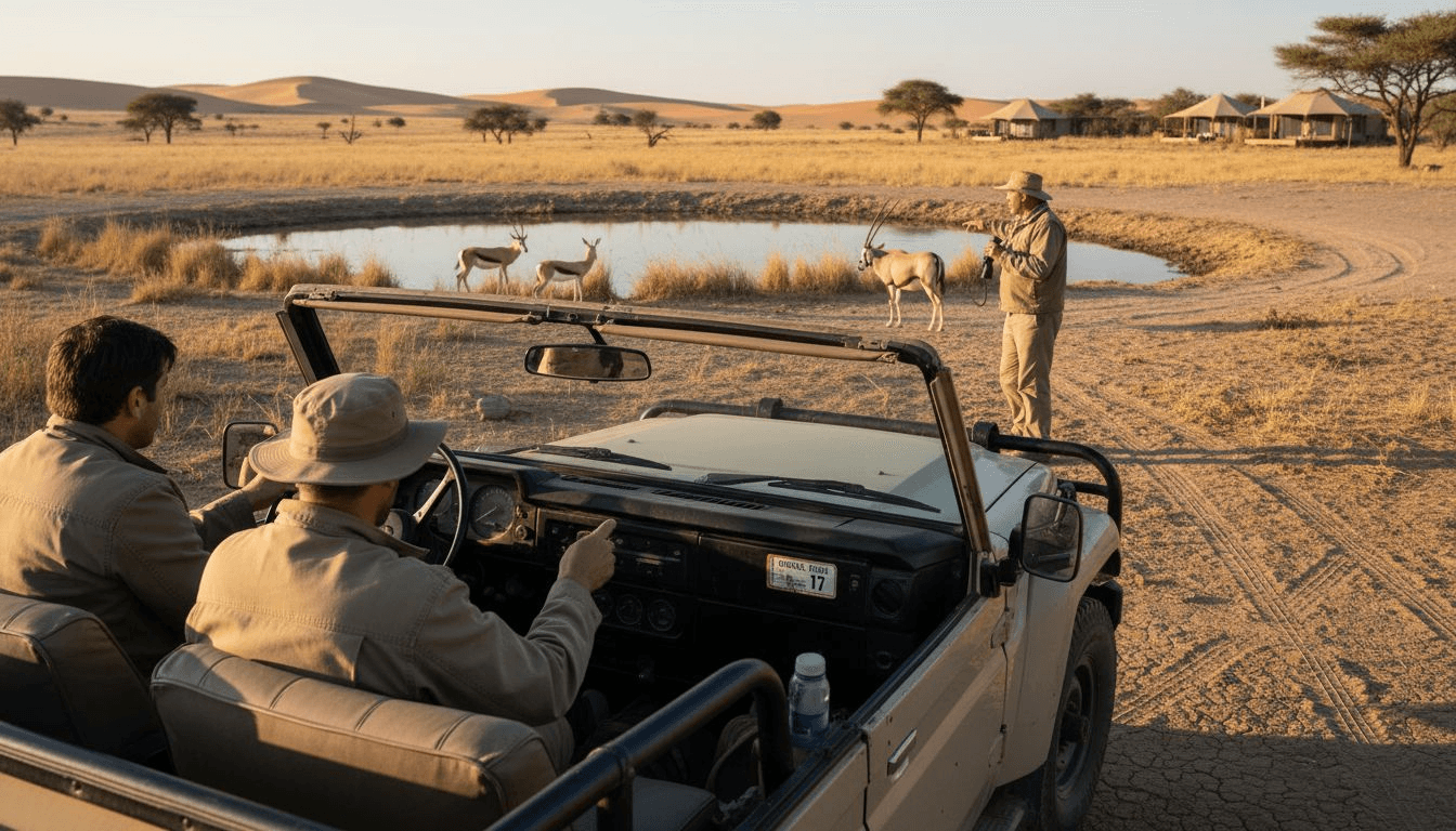 Guests in safari jeep observe Namibian wildlife
