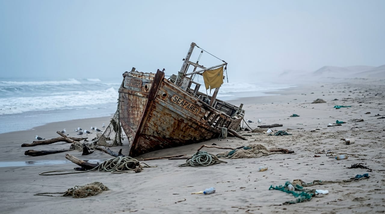 Old shipwreck on foggy Skeleton Coast beach