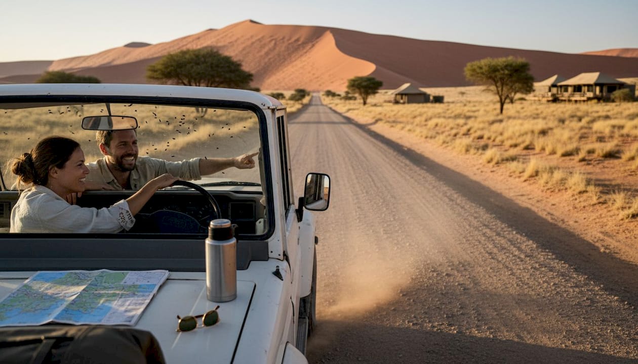 Couple driving 4x4 SUV on Namibian gravel road
