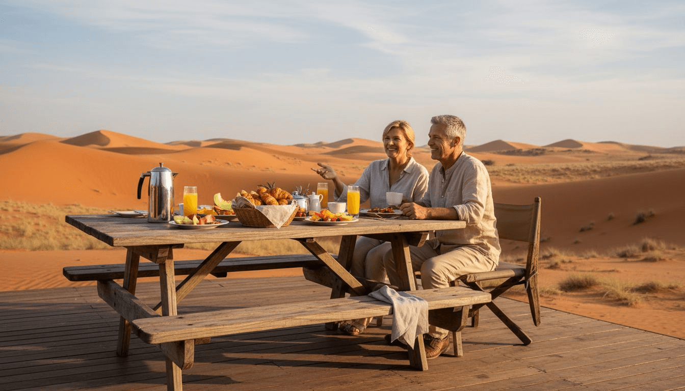 Petit-déjeuner raffiné dans un lodge d’exception, face à l’immensité des dunes namibiennes.