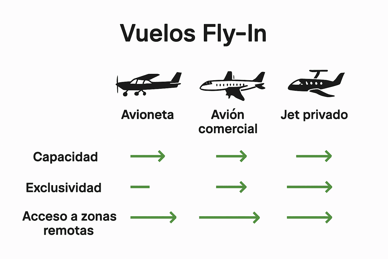 Comparación visual de tipos de vuelo fly‑in para safaris